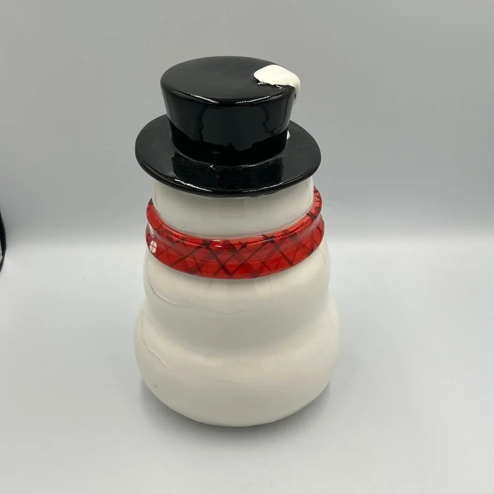 Magenta Snowman Cookie Jar Holiday Large White Red Black Excellent Plaid Scarf